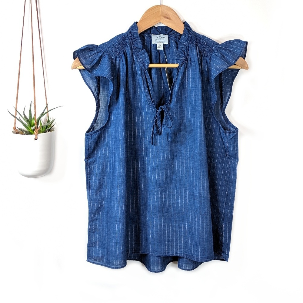 • j crew • tie neck top in metallic pinstripe